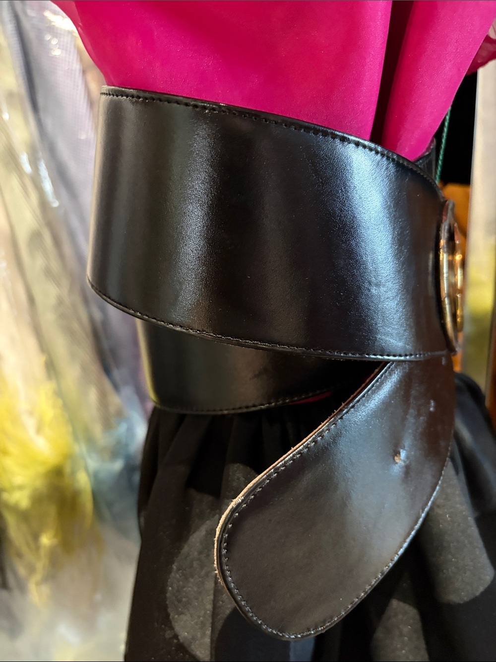 Black Wide Leather Obi Belt with Gold Buckle - Women Accessories